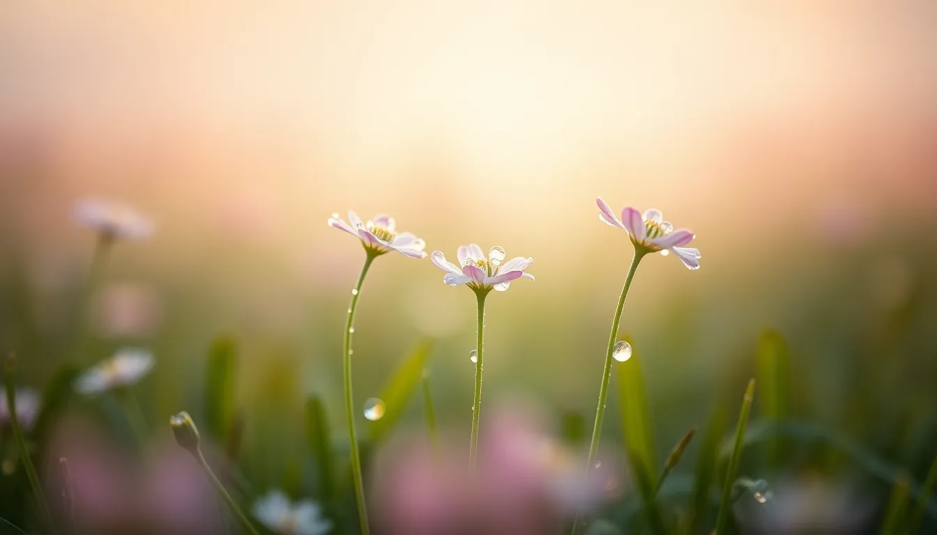 Dew-Covered Flowers in Misty Meadow This exquisite macro image features dew-covered flowers in a misty meadow at dawn. The delicate petals glisten with tiny droplets that capture the soft light, creating a magical atmosphere. The pastel color palette enhances the dreamy quality of the scene, while shallow depth of field skillfully draws focus to the intricate details of the flowers. This enchanting composition invites viewers to appreciate the subtle beauty of nature in its quiet moments.