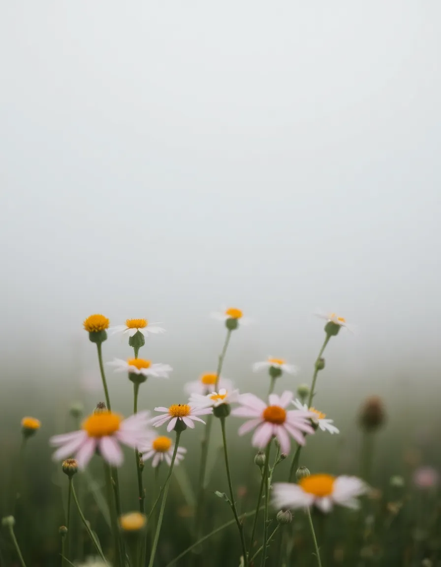 This serene image showcases vibrant wildflowers gently emerging from a dense fog. Captured in overcast daylight, the soft lighting brings out the subtle details of the flower petals, while a shallow depth of field creates a dreamy background. The muted green tones and soft pastels of the flowers beautifully contrast with the ethereal fog surrounding them. This composition invites a sense of calm and connection to nature.