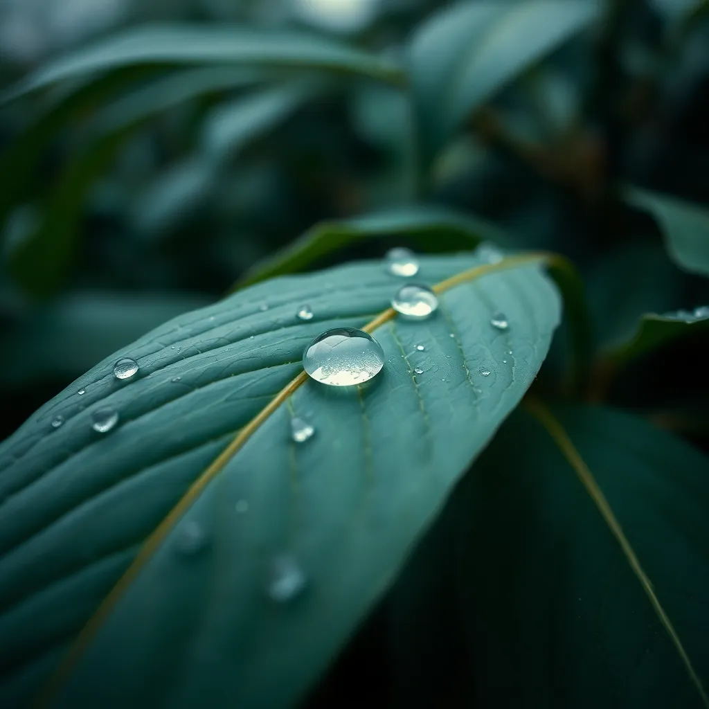 A close-up of a dewy leaf reveals intricate details as warm tungsten light highlights each droplet resting on its surface. The soft, foggy atmosphere creates a serene backdrop, allowing for rich, deep greens to emerge. The composition centers on the leaf, with surrounding foliage creating leading lines that guide the eye. The textured surface enhances the scene's freshness, evoking a sense of tranquility in nature.