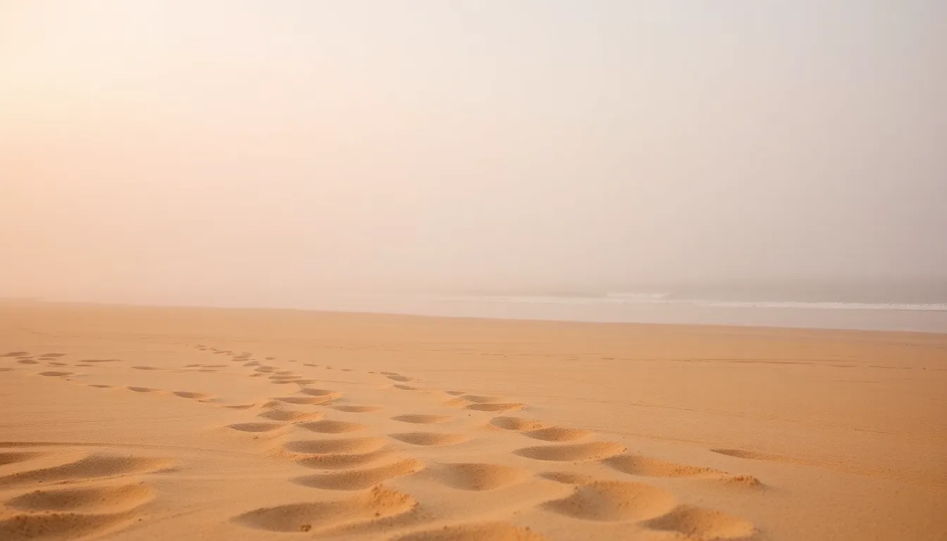 This secluded beachscape is beautifully shrouded in early morning fog, creating a serene atmosphere perfect for contemplation. Soft warm light from the golden hour illuminates the fog, casting gentle hues of beige, cream, and subtle pinks. The composition centers around the horizon where fog meets the gentle waves, focusing on the textured sand that draws the viewer in.
