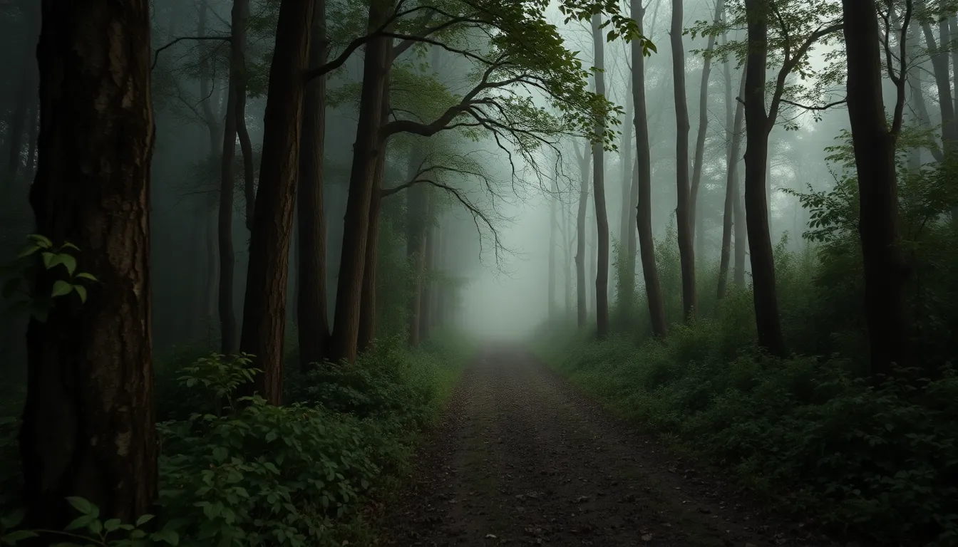 This immersive photo portrays a forest path gradually disappearing into a thick blanket of fog. Captured in the late afternoon light, the scene is bathed in natural muted tones that emphasize the grey of the fog against the lush greenery. The leading lines of the path draw the viewer's eye into the mystery of the forest, while rich textures of tree bark and damp leaves add depth and detail to the composition.