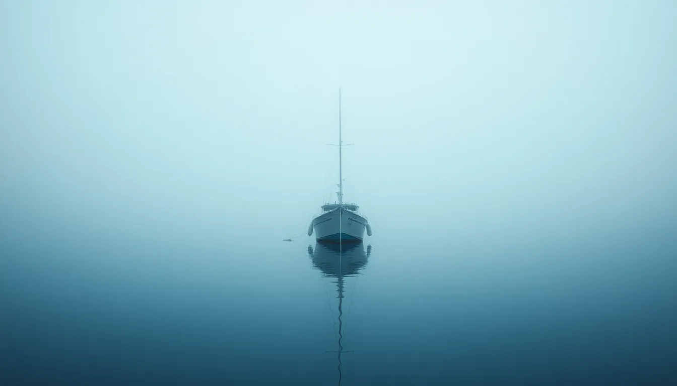 An isolated boat rests peacefully in a fog-draped harbor at dawn, capturing the essence of solitude. The soft natural light creates an eerie calm, while the muted blues and greys of the scene evoke a sense of quiet introspection. With a shallow depth of field, the boat is rendered in sharp detail against a dreamy backdrop, perfectly reflected on the quiet water. The symmetrical composition further emphasizes the serenity of this tranquil moment.
