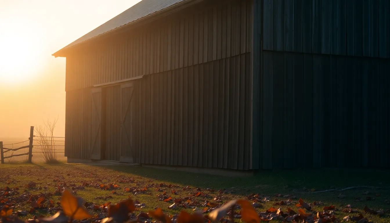 This image captures a rustic barn shrouded in a gentle fog during the golden hour, creating a warm and nostalgic ambiance. The soft filtering light highlights the weathered barn siding, emphasizing its character and history. Fallen leaves in the foreground add depth and color contrast, while the fog creates an ethereal quality, enhancing the scene's rustic charm. It evokes feelings of peace and a return to simpler times.