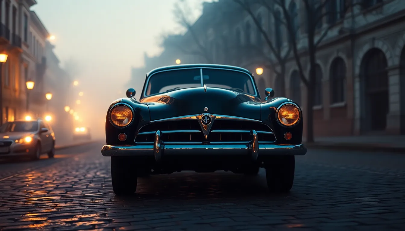 A vintage car, parked under soft twilight, creates an alluring focal point amidst the enveloping fog. The rich velvet blues of the atmosphere contrast with warm orange highlights, enhancing the nostalgic mood of the scene. A selective focus technique beautifully emphasizes the car's glossy finish while melting the background into a dreamlike haze. This composition captures the timeless elegance of classic automobiles in a serene, atmospheric setting.