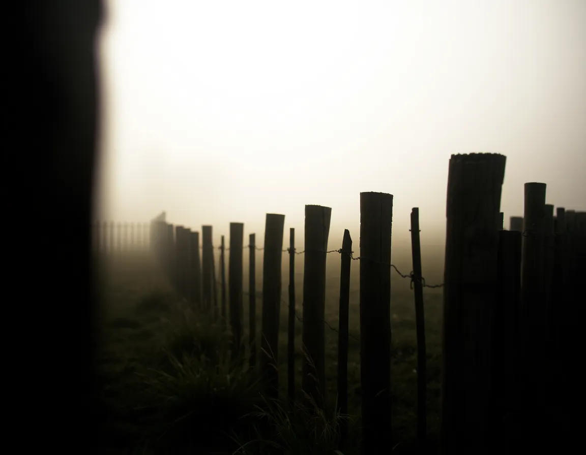 A misty forest scene reveals a rugged wooden fence leading down a fog-shrouded pathway. Strong contrasting light emphasizes the deep shadows created by the fog, while a shallow depth of field isolates the textured fence posts. The natural muted color palette accentuates the rich greens and browns of the scene. The Dutch angle adds a feeling of dynamic movement, inviting the viewer to wander deeper into the misty woods.