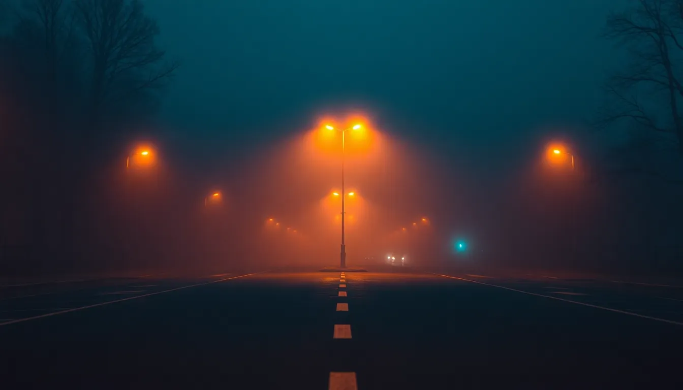A solitary street lamp casts a warm glow in a foggy night scene, creating a captivating atmosphere. The dusk lighting reflects softly off the wet asphalt, enhancing the cinematic feel. With a teal and orange color grading, the image juxtaposes the warm lamp light against the coolness of the fog. The centered composition emphasizes the lonely beauty of the illuminated street amidst the mist.