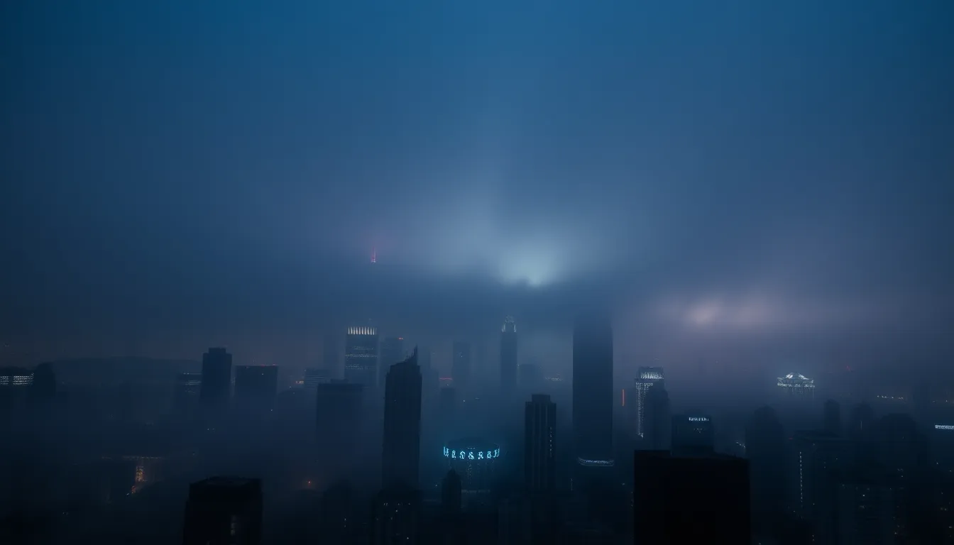 This dramatic image depicts an urban skyline partially hidden by a thick layer of fog. City lights twinkle through the haze, contributing to a mysterious and moody atmosphere. The leading lines of the skyscrapers guide the viewer's gaze towards the horizon, creating depth. The color palette features deep blues and soft grays, enhancing the cinematic quality of the scene, while the clarity across the frame brings every detail to life.