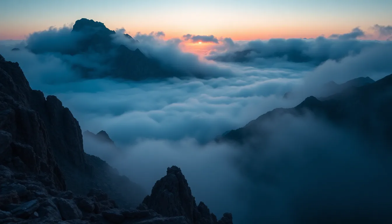 Twilight Mountain Landscape in Fog This breathtaking image showcases a mountain range shrouded in fog during twilight. The cool blue hues of the mist contrast strikingly with the warm orange glow of the sunset, creating an enchanting atmosphere. The composition adheres to the rule of thirds, emphasizing the towering peaks amidst the swirling fog. With every detail sharp from foreground to infinity, this image highlights nature's rugged beauty in a mysterious and captivating way.
