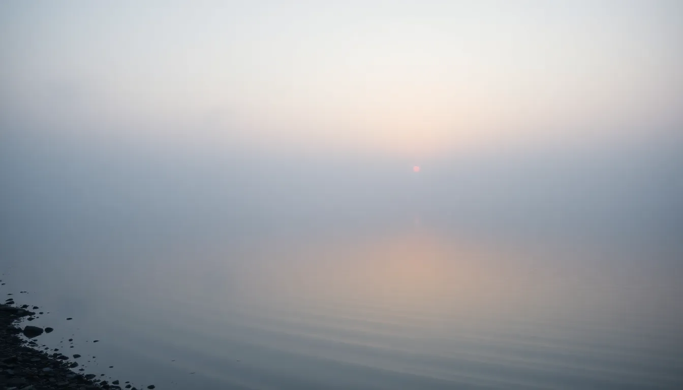 This tranquil scene captures a foggy lake at sunrise, where soft daylight gently illuminates the mist hovering above the water. The shallow depth of field creates a dreamy effect with distant trees fading into an ethereal bokeh. Muted natural tones emphasize the serenity of the moment, while the leading lines of the shoreline guide the viewer’s eye towards the foggy horizon. This image evokes a sense of calm and peace, perfect for nature enthusiasts.
