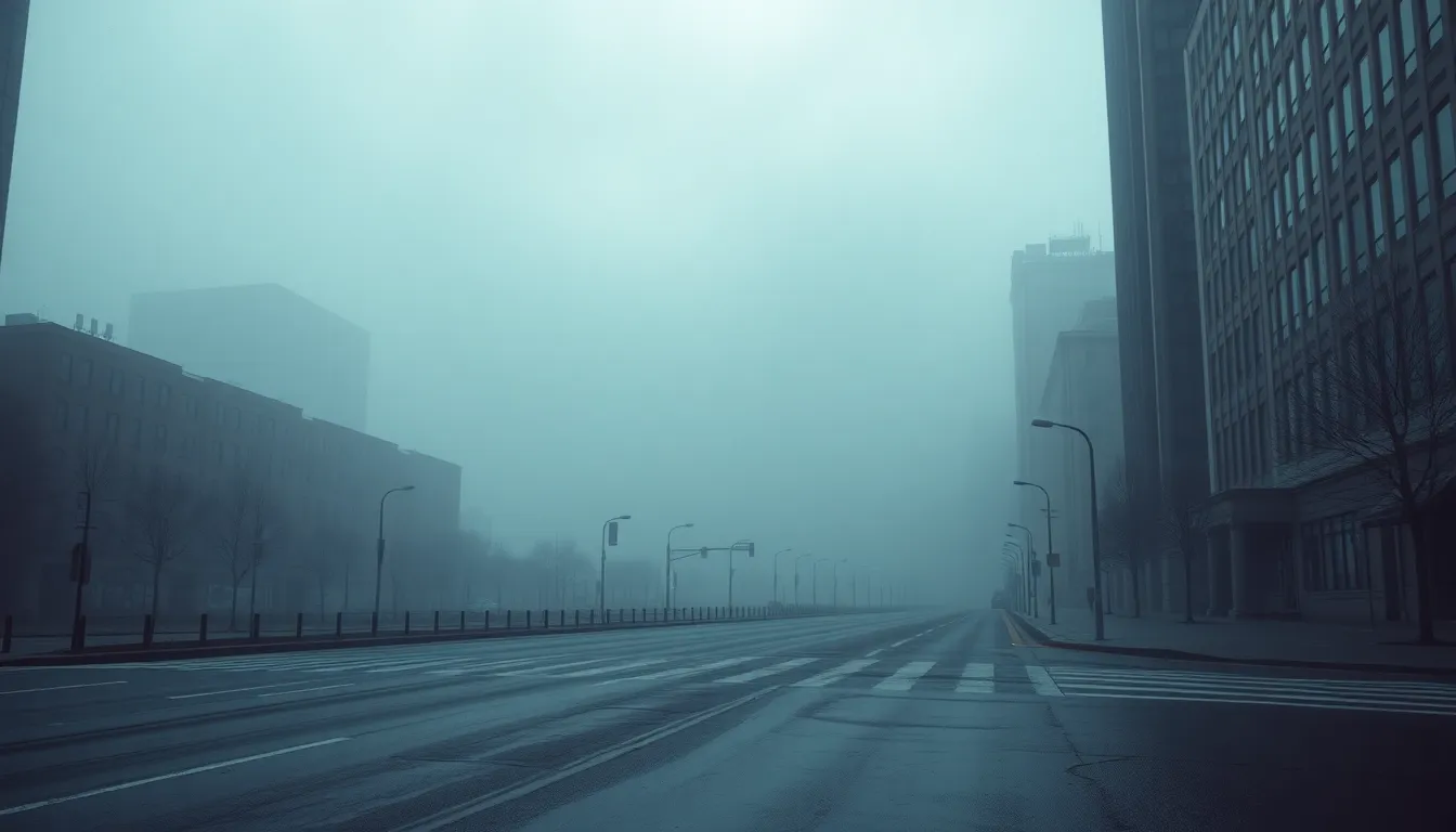 An urban cityscape is mysteriously concealed under a thick layer of fog, creating an atmosphere filled with intrigue. The overcast daylight provides a soft, moody illumination, with muted cool tones of grey and blue evoking a sense of calm. Leading lines from the wet pavement draw the eye toward the distant skyscrapers, while everything from the foreground to the horizon remains sharp, capturing the city's essence.