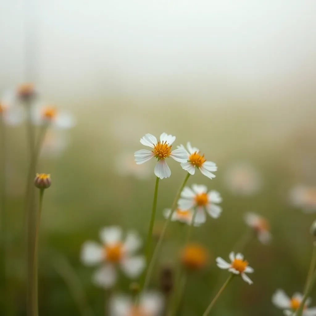 This enchanting close-up captures delicate wildflowers blooming in a fog-covered meadow. The soft light bathes the petals in a gentle glow, showcasing their intricate textures and hues. With a shallow depth of field, the background fades into a dreamy haze, allowing the flowers to take center stage. This serene image evokes a sense of calm and natural beauty, perfect for floral enthusiasts.