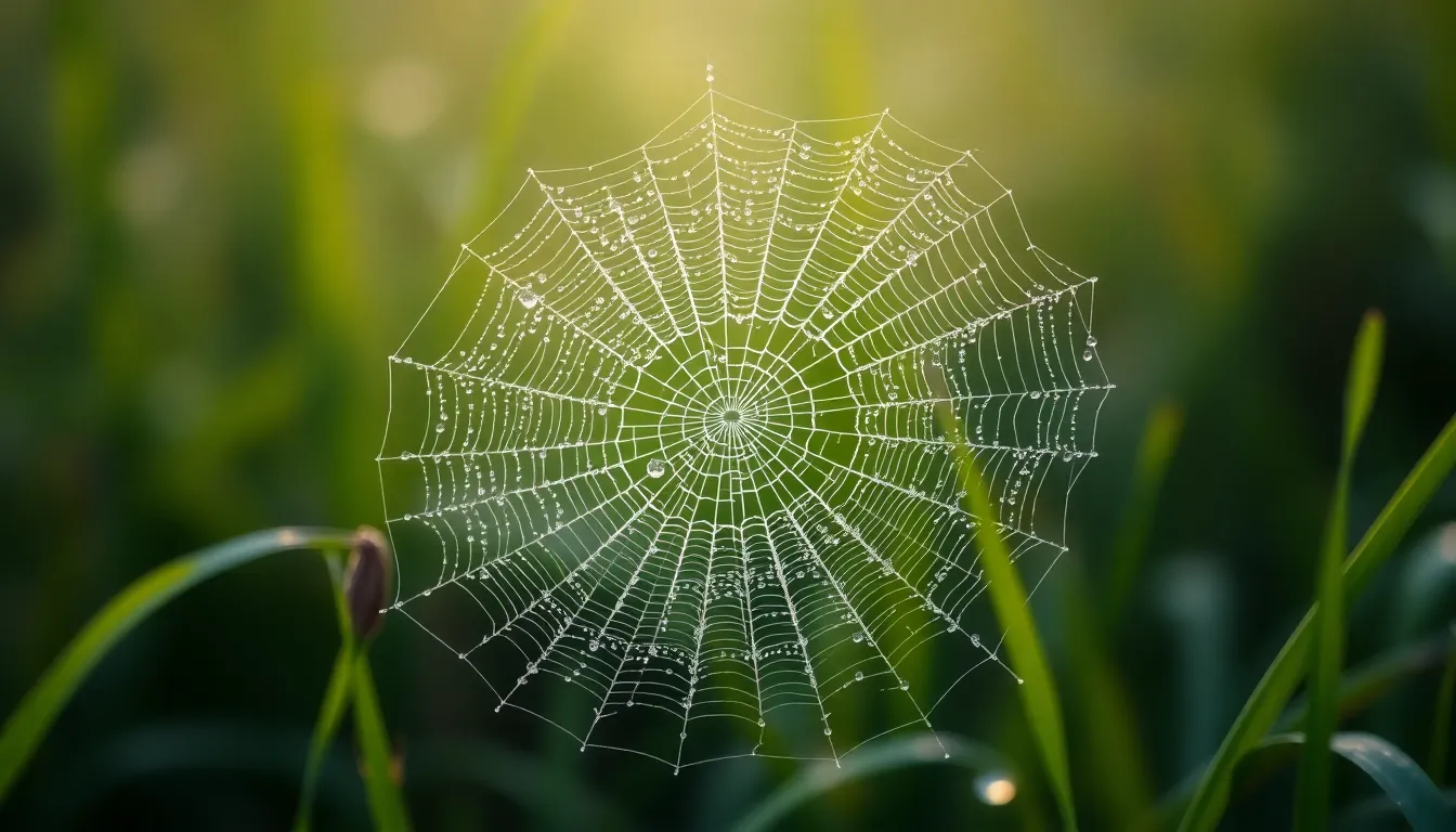 This stunning macro photograph captures the intricate beauty of a dew-covered spider web in a foggy countryside setting. Early morning light illuminates the web, creating a captivating display of glistening drops against the soft greens of the grass. The depth of field highlights the delicate structure, inviting viewers to appreciate the artistry of nature's design in this tranquil moment.
