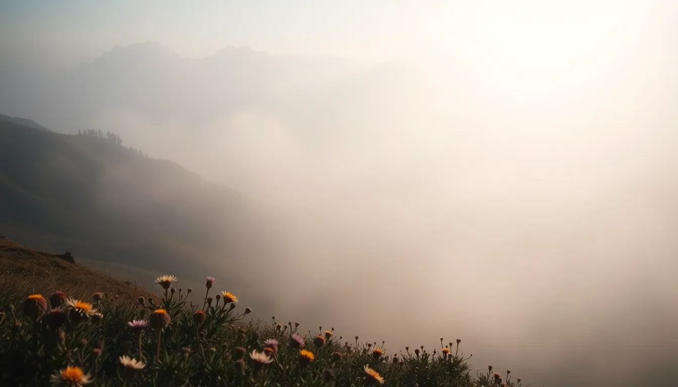 A stunning image showcasing a grand mountain landscape shrouded in thick fog during the early morning. The soft diffused light highlights the drama and beauty of the peaks barely visible through the mist. The hyperfocal depth of field ensures everything from the vibrant wildflowers in the foreground to the distant mountains remains in sharp focus. This composition invites viewers to explore the captivating allure of nature's mysteries.