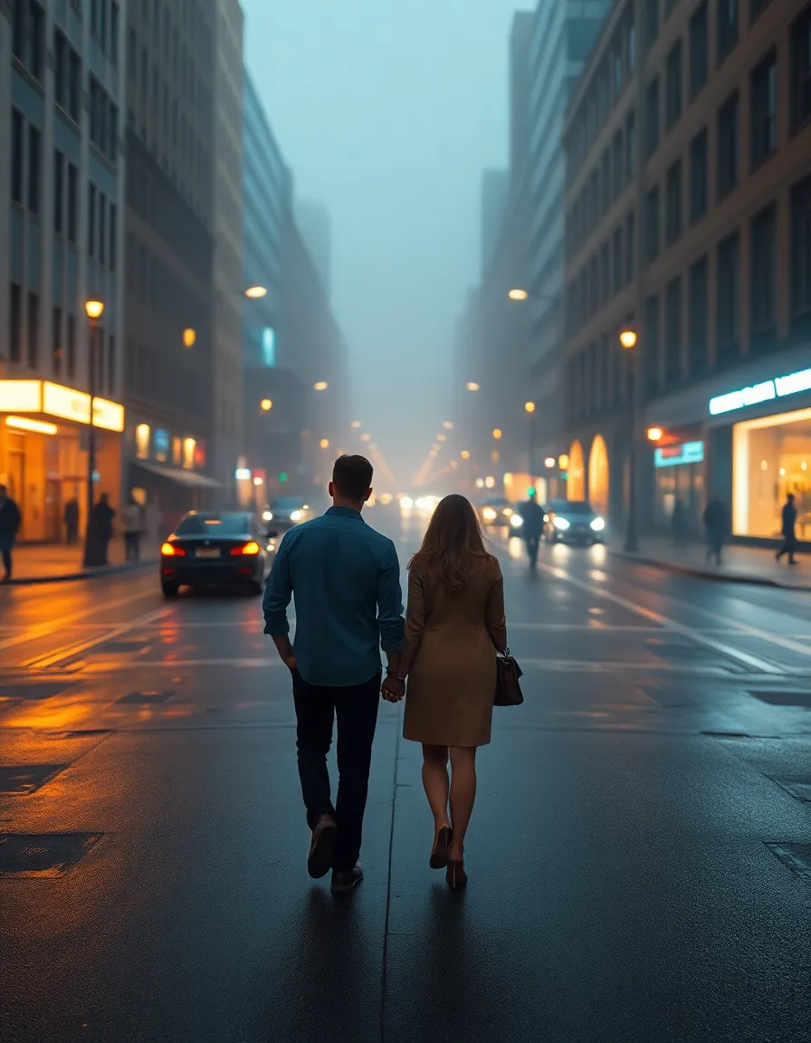 This romantic urban scene captures a couple walking hand in hand down a foggy street on an evening illuminated by streetlights. The warm glow from the tungsten lights creates a golden hue that reflects beautifully on the wet pavement, enhancing the romantic atmosphere. With a shallow depth of field, the couple stands out against the blurred city backdrop, inviting viewers to feel the intimate moment. The overall mood is enriched by the cinematic color grading, making this image perfect for urban and romantic themes.