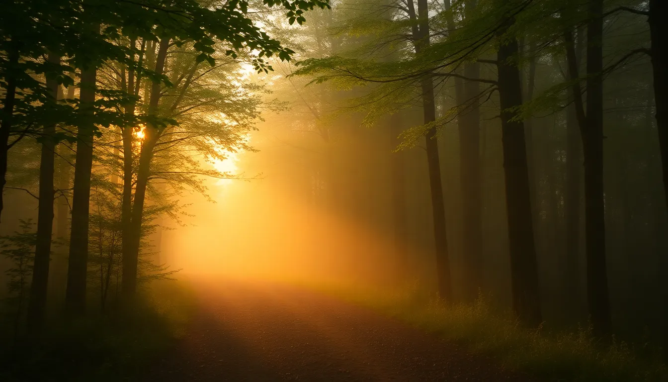An enchanting forest pathway enveloped in dense fog invites exploration. Shot during golden hour, the warm backlighting creates ethereal halos around the trees. Vibrant greens pop against the soft golden haze, while the worn earthy trail leads into the mysterious depths of the forest. This composition draws the viewer's eye along the path and emphasizes the fog's depth.