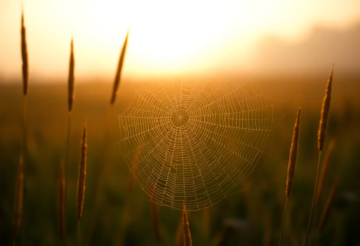 This image captures the delicate beauty of a dew-covered spiderweb glistening in the early morning light. Shot during golden hour, the warm backlighting creates a stunning halo effect around the tall grass blades. The background is softly blurred due to selective focus, enhancing the ethereal feel of the fog-laden atmosphere. The warm tones and intricate details come together to highlight nature's artistry.