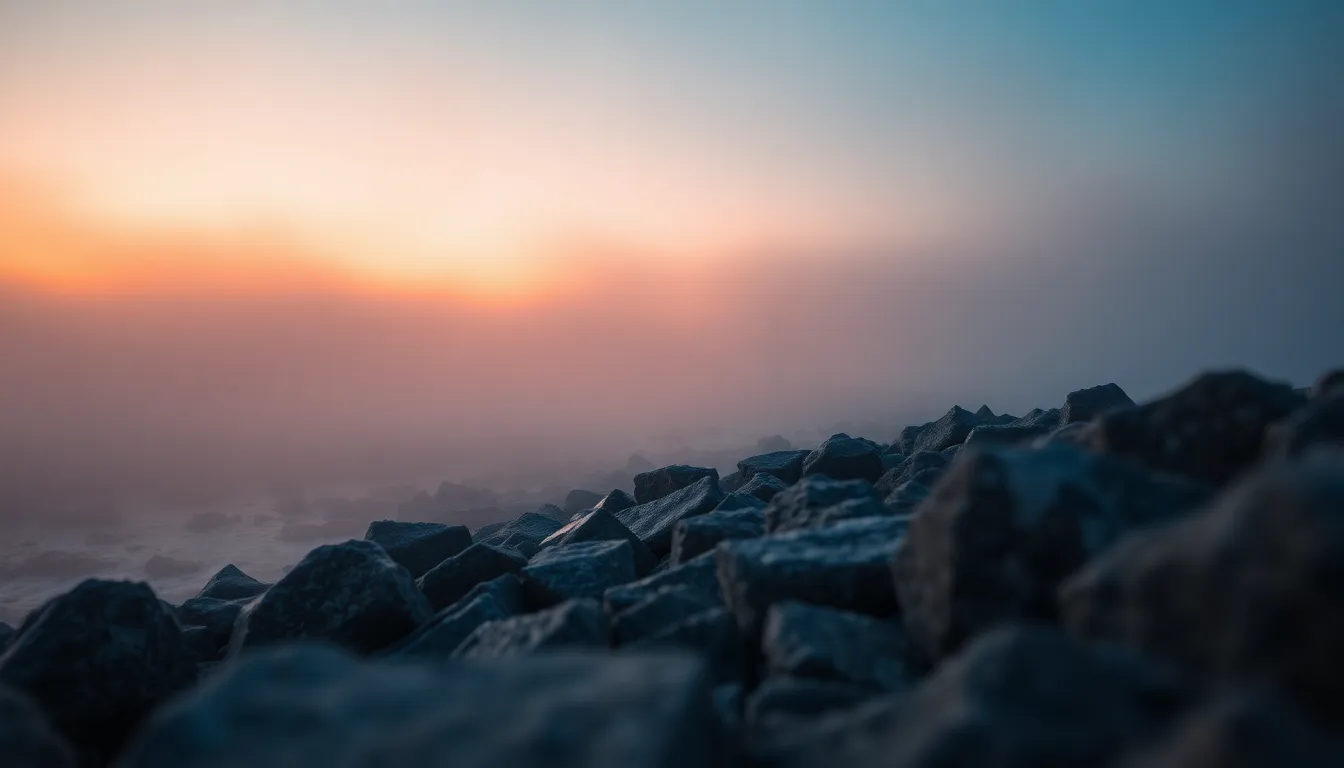 Witness the striking sight of a lighthouse standing resiliently in thick coastal fog at dusk. The warm sunset light casts a golden hue on the scene, beautifully contrasting with the cool, enveloping fog. The sharp focus on the lighthouse against a blurred foreground of rocky shores creates depth and intrigue. This evocative image resonates with themes of solitude and guidance, perfect for maritime and atmospheric contexts.