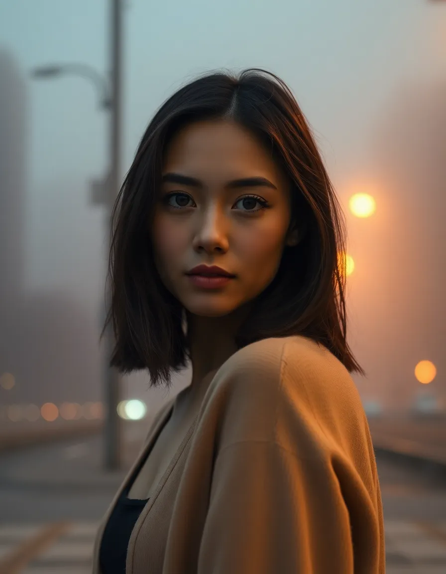 In this captivating portrait, a young woman stands confidently amid a foggy urban setting, illuminated by a warm street lamp. The soft focus on her eyes draws viewers into her expression, while the surrounding haze turns the city into an abstract canvas. The warm and cool tones juxtapose beautifully, creating a dreamy atmosphere. This image explores themes of solitude and introspection in a bustling environment.