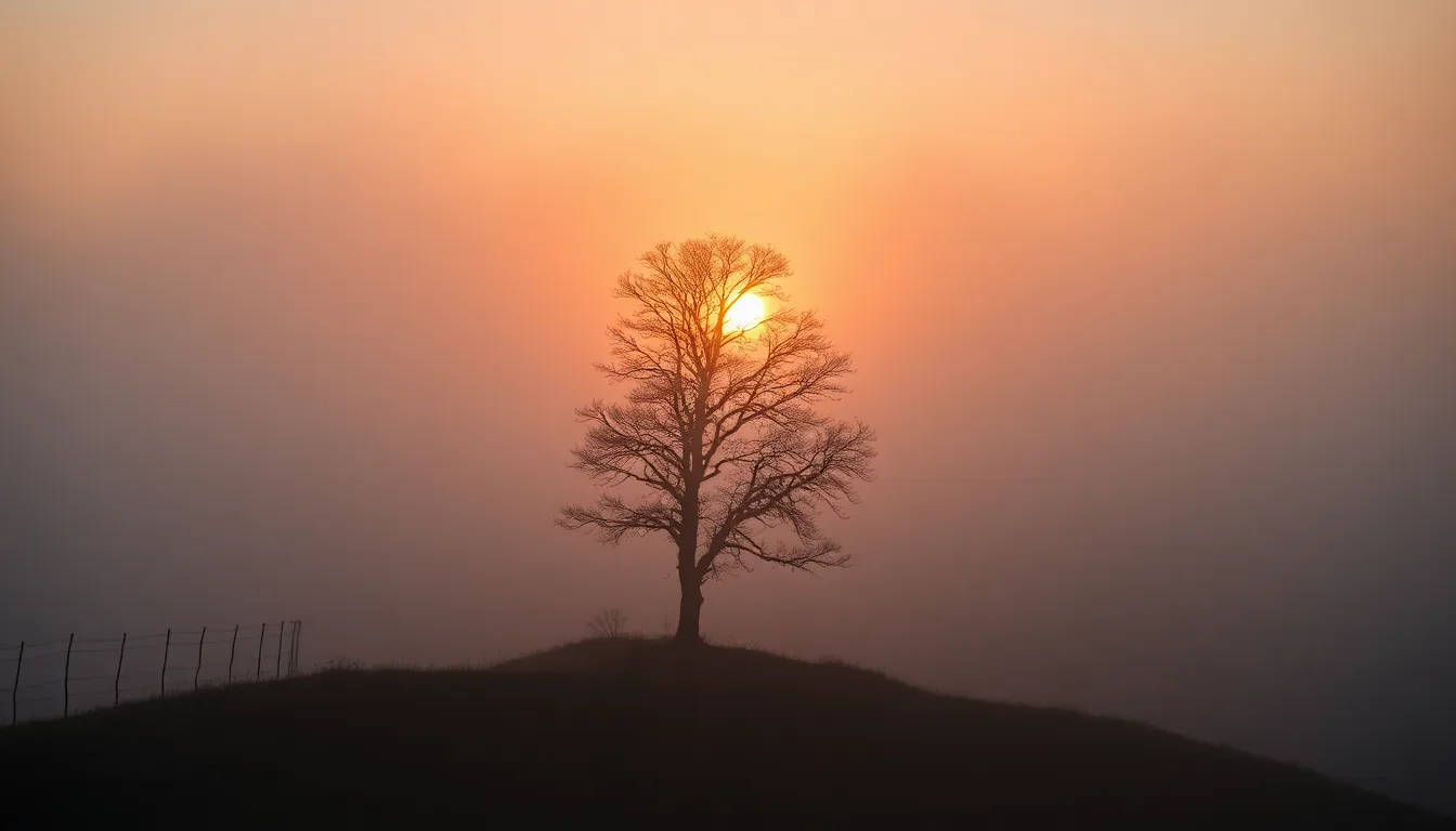 This captivating image features a solitary tree silhouetted against thick fog during a stunning sunrise. The warm light subtly filters through the mist, creating an ethereal glow around the tree. Soft pastel colors of pink and gold contrast beautifully with the cool gray fog, enhancing the serene atmosphere. The tree is strategically placed off-center following the rule of thirds, creating a dynamic visual interest.