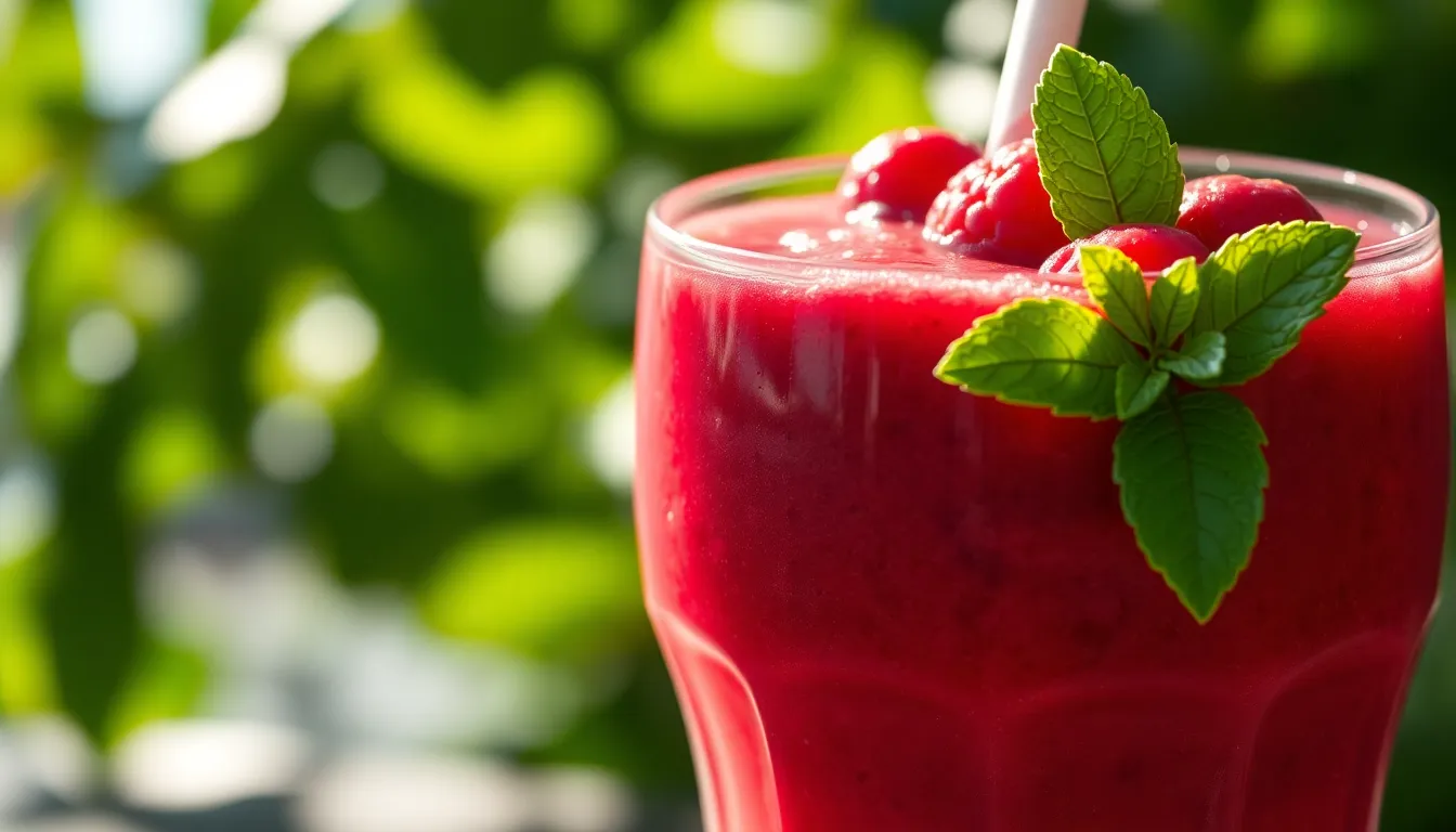 This captivating close-up features a berry smoothie presented in a clear glass, garnished with fresh mint and assorted berries. The dappled sunlight adds a playful quality, enhancing the smoothie’s rich colors and creamy texture. The focus on the glass creates an inviting invitation to taste the drink, while the soft background ensures attention remains on the vibrant details. Ideal for health and wellness themes, this image radiates fresh energy.