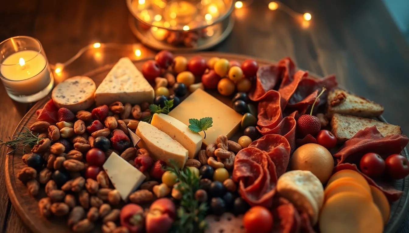 This stunning close-up showcases a beautifully styled charcuterie board, filled with an array of cheeses, cured meats, nuts, and vibrant fruits. The warm lighting enhances the rich colors and textures, making each component stand out in a visually appealing way. The top-down composition invites viewers to explore the intricate details of the arrangement. Perfect for gourmet food content, this image exudes a sense of sophistication and indulgence.