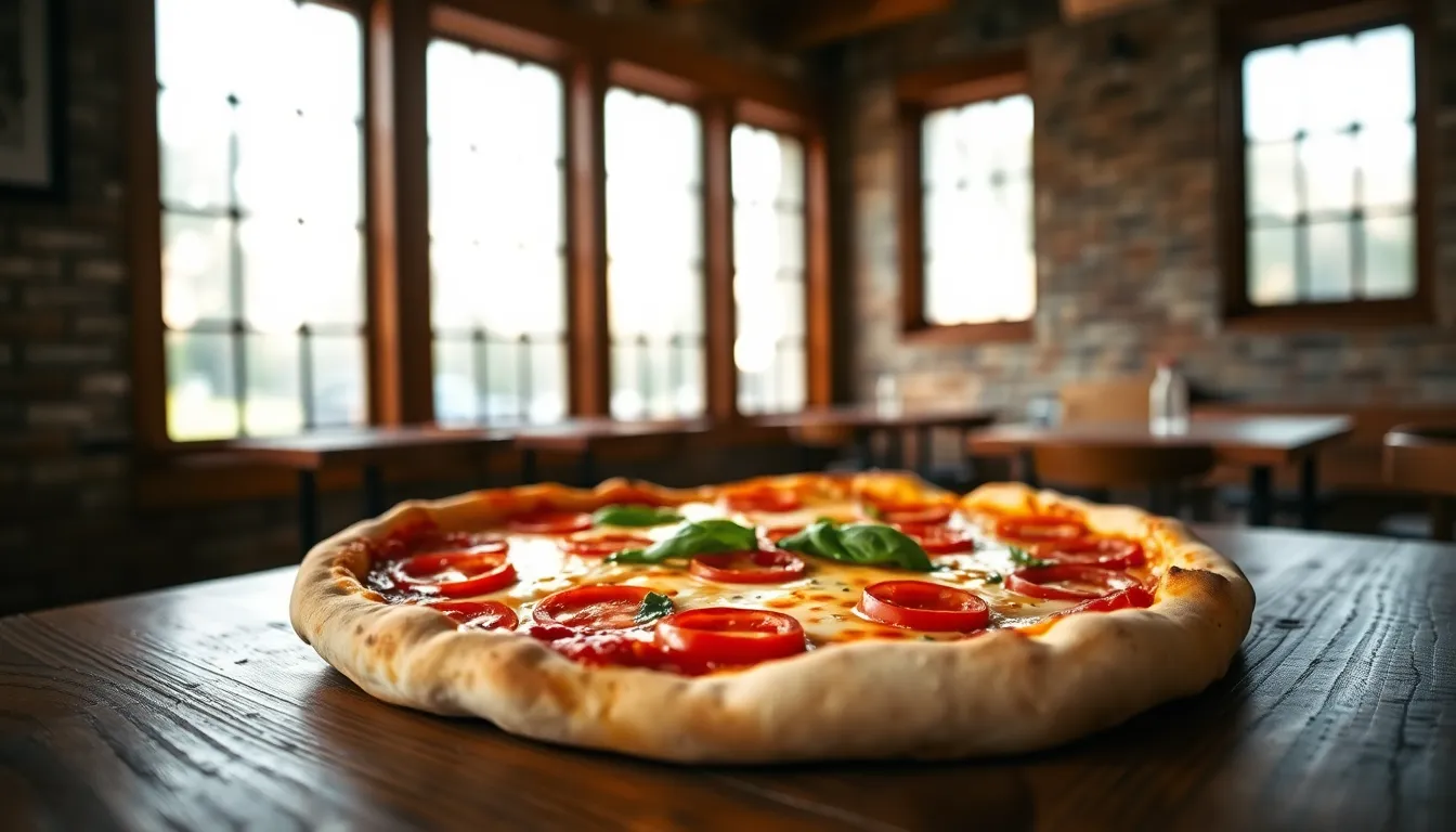 This closeup image showcases a beautifully baked artisan pizza topped with fresh ingredients. The warm tones of the melted cheese contrast brilliantly with vibrant red tomatoes and lush green basil leaves. Soft daylight spills in from a nearby window, illuminating the rich textures of the wooden table beneath. The pizza is positioned to the side, drawing the eye with its artisanal appeal.