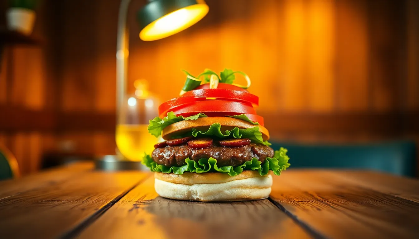 Gourmet Burger Close-Up on Rustic Table