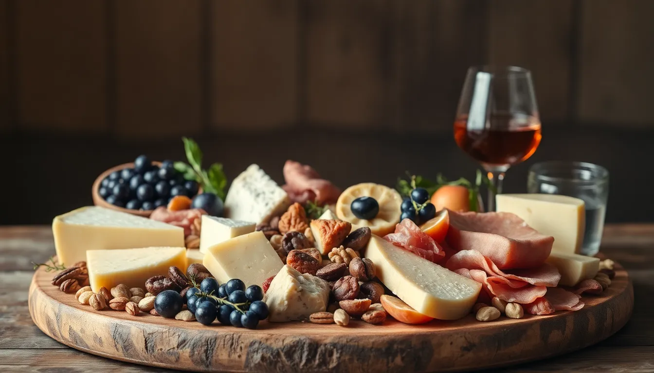 This closeup showcases a sumptuous cheese platter, artfully arranged with a variety of cheeses, cured meats, fresh fruits, and crunchy nuts on a rustic wooden board. The warm rim light enhances the inviting atmosphere, making the textures of each element vivid and appealing. Soft bokeh creates a beautiful backdrop, allowing the platter to take center stage. Ideal for gourmet food publications, this image evokes a sense of indulgence and celebration.