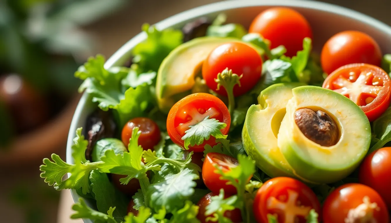 This vibrant close-up captures a colorful salad brimming with fresh greens, juicy cherry tomatoes, and creamy avocado slices. The bright, diffused sunlight enhances the salad's vivid colors, making it look incredibly appealing and healthy. The shallow depth of field highlights the textures of the ingredients, drawing the viewer's eye to the freshness of each item. This image is perfect for health-focused content, conveying a message of vitality and nourishment.