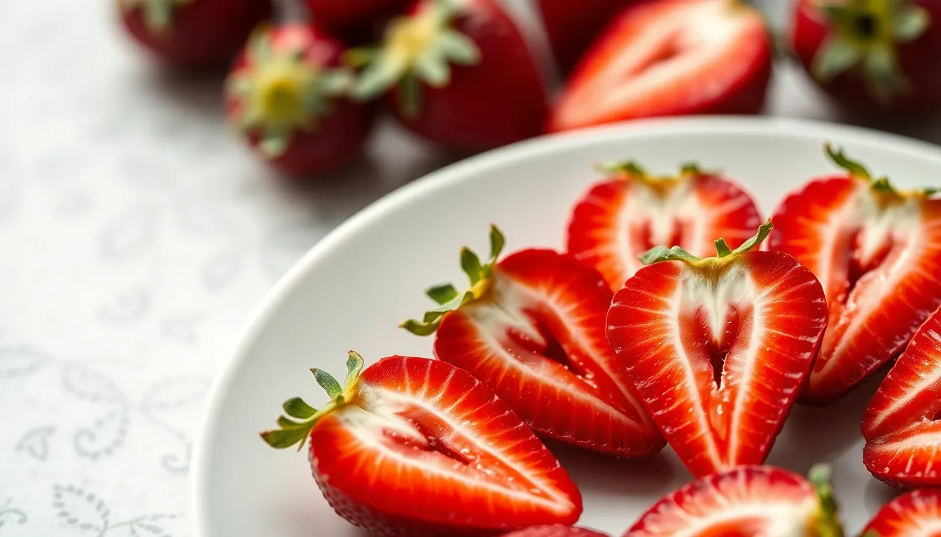 Fresh Strawberry Closeup on White Plate