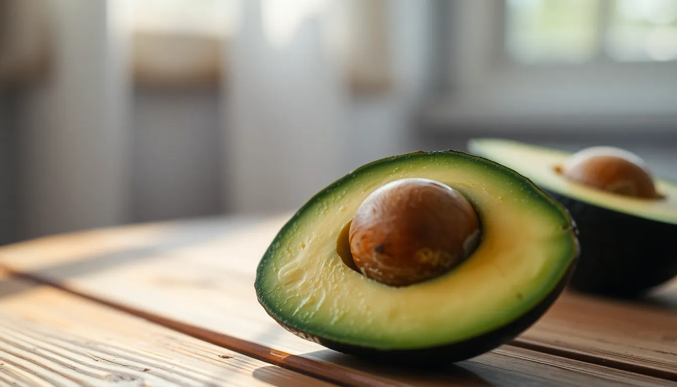 This photorealistic image captures a halved avocado, perfectly ripe and ready to eat. The smooth, creamy flesh contrasts beautifully with the dark green skin, set against a rustic wooden background that adds warmth. Soft, natural lighting enhances the avocado’s texture, while a shallow depth of field keeps focus on the fruit, inviting viewers to appreciate its freshness. Overall, the scene is both appetizing and visually appealing, perfect for food-related content.