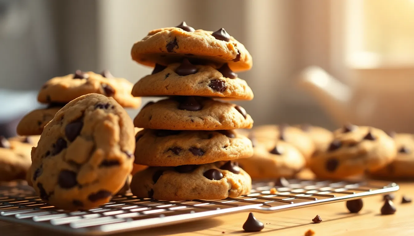 This mouthwatering close-up image features a stack of freshly baked chocolate chip cookies, beautifully arranged on a wire rack. The soft, warm lighting adds a homely feel, enhancing the delicious textures and melted chocolate. The focus on the cookies highlights their gooey centers and crispy edges, while the soft background emphasizes their golden-brown color. This image is perfect for baking and dessert content, evoking a sense of nostalgia and indulgence.