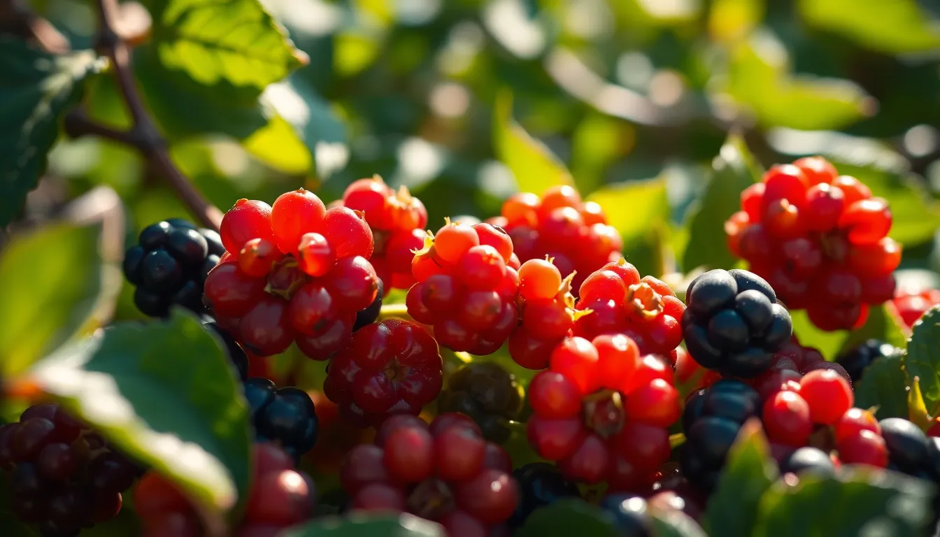 This stunning closeup captures an array of vibrant berries, each glistening with morning dew. Dappled sunlight filters through surrounding foliage, creating a magical ambiance that enhances their natural colors. The extreme macro detail brings out the delicate textures of the berries, inviting viewers to appreciate their freshness. Perfectly centered against a soft blurred green backdrop, this image celebrates nature's bounty.