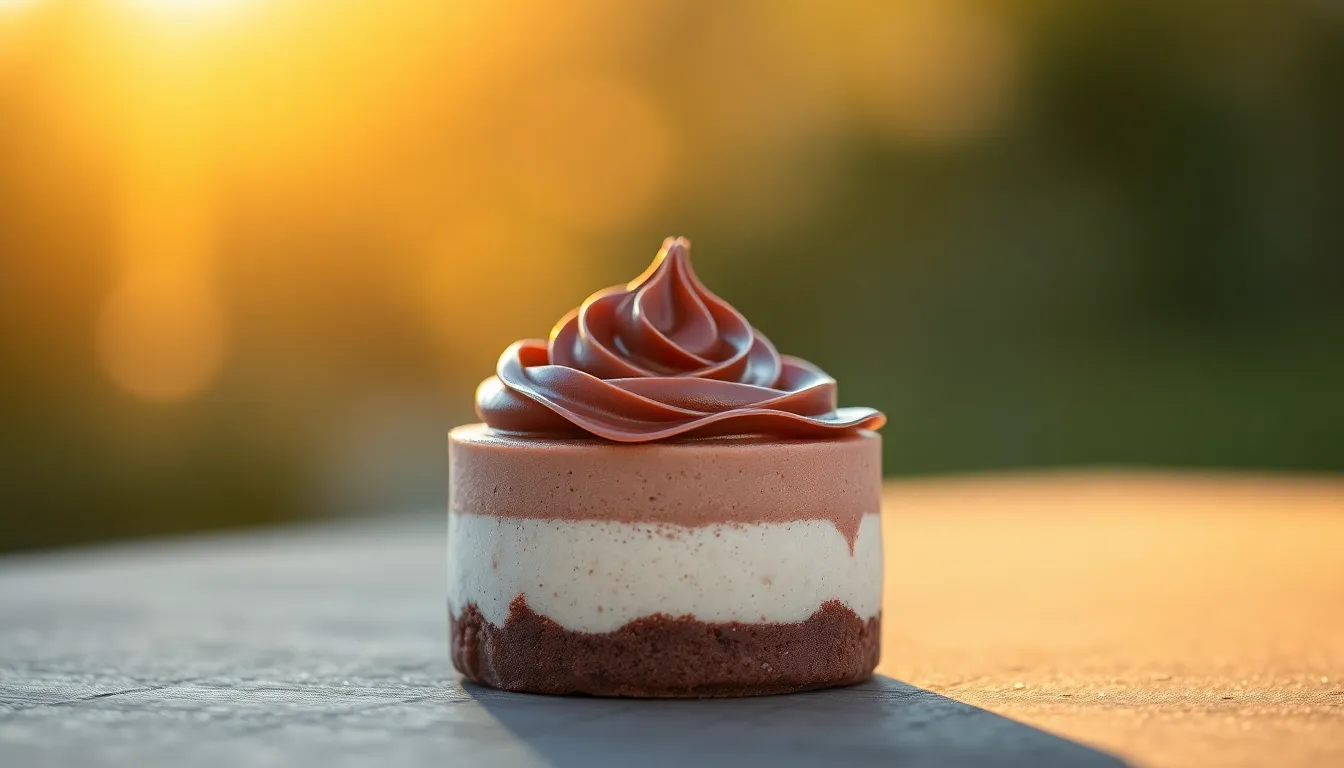 Experience the exquisite beauty of a luxurious chocolate mousse, illuminated by warm golden hour light. The rich, glossy exterior glistens with enticing chocolate hues, while the soft, velvety texture invites indulgence. The background melts into a creamy bokeh, enhancing this delectable centerpiece. Perfectly positioned in a captivating composition, this dessert promises a treat for the senses.