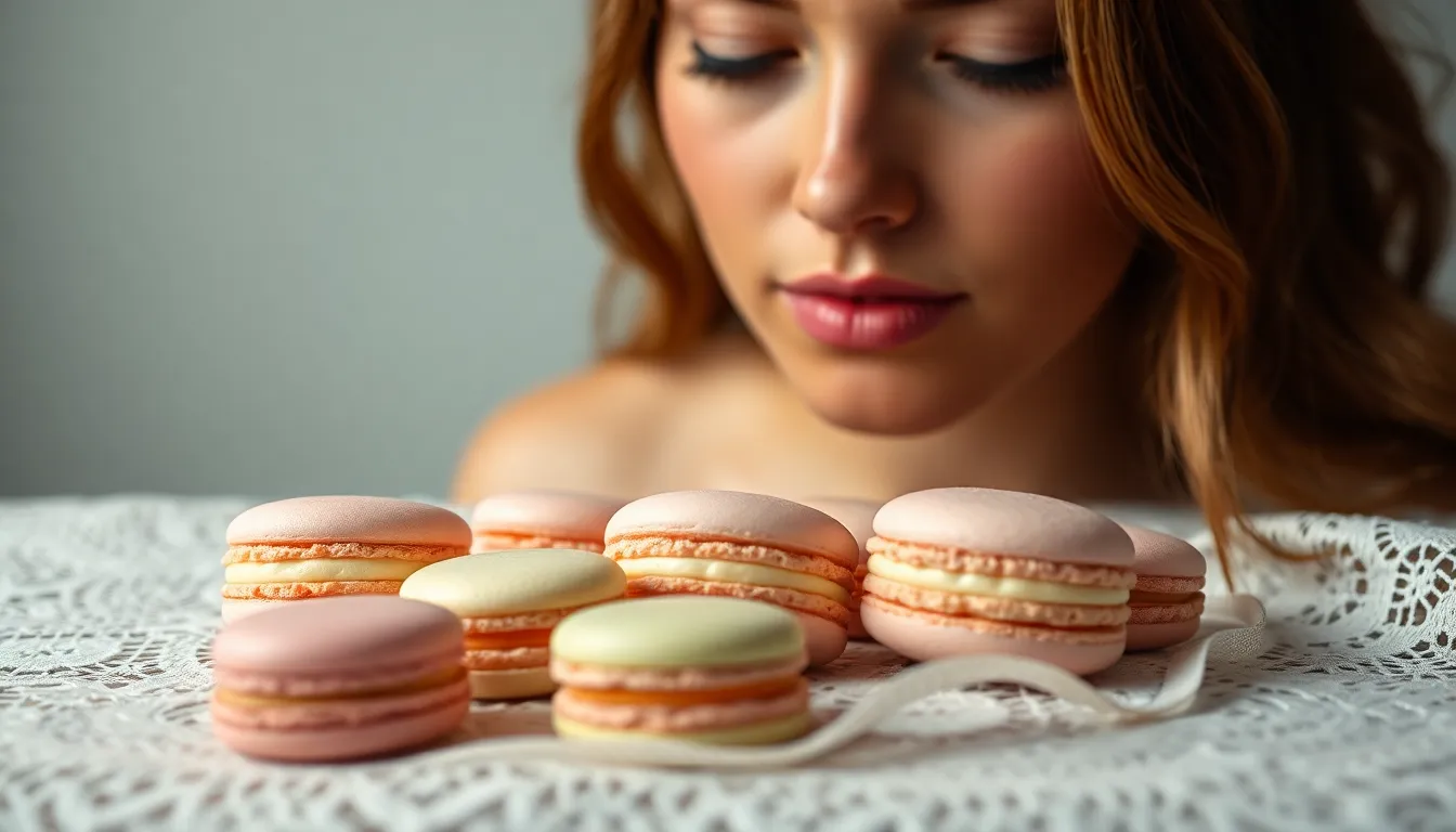 Elegant Macarons on Lace Tablecloth