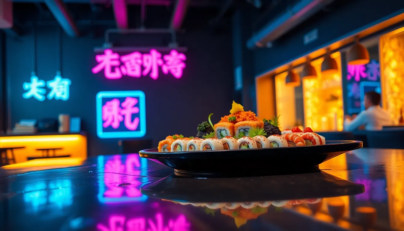 Artfully Plated Sushi with Neon Reflections
