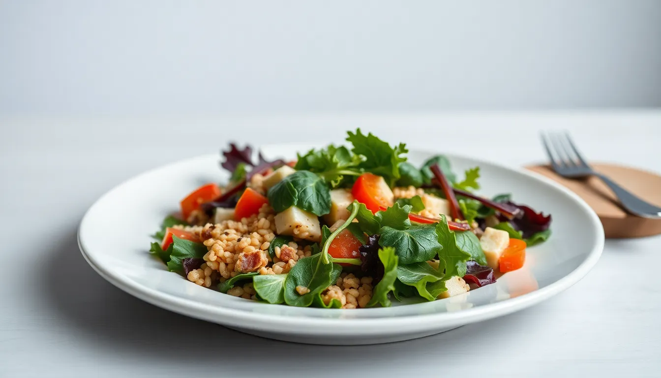 This vibrant closeup features a fresh garden salad artfully arranged with mixed greens and colorful ingredients like cherry tomatoes and quinoa. The overcast light tenderly highlights the refreshing colors and textures, making each component pop. The meticulous arrangement of ingredients creates a natural flow, leading the viewer's eye across the plate. A perfect representation of health and vibrancy.