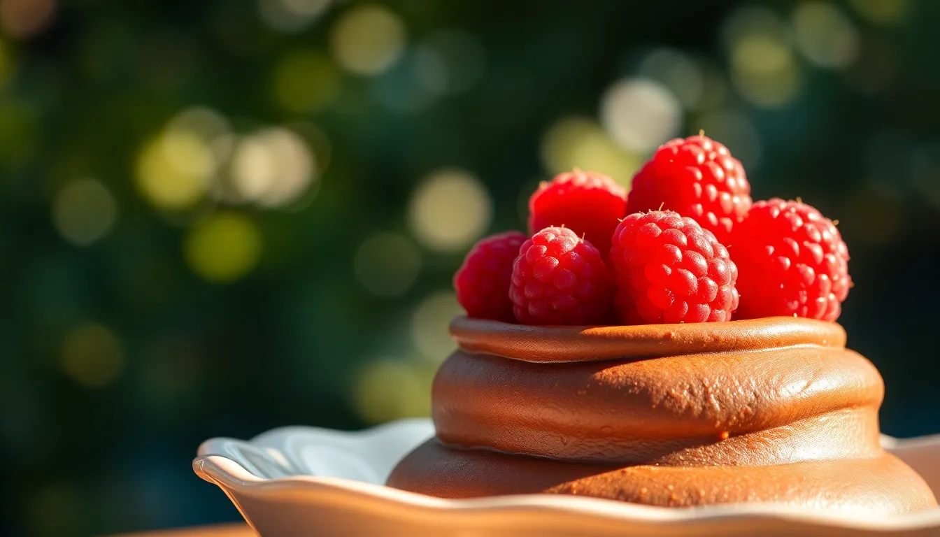 This exquisite closeup highlights a rich chocolate mousse, elegantly topped with vibrant fresh raspberries. The dappled sunlight filtering through the leaves creates a beautiful interplay of light and shadow, enhancing the creamy texture of the mousse. The teal and orange color grading adds a cinematic feel to the scene, making it visually striking. Perfect for dessert menus and gourmet food photography, this image captures indulgence and sophistication.