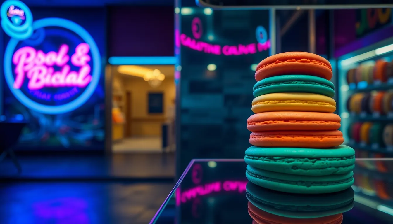 This artistic closeup features a delightful arrangement of colorful macarons piled delicately, showcasing their vibrant hues against a dark, glossy backdrop. The neon reflections from the wet pavement enhance the visual appeal, creating a modern and stylish atmosphere. The selective focus draws the viewer's eye to the delicate textures of each macaron, making it perfect for dessert shops or pastry blogs. This image captures the essence of indulgence in a contemporary setting.