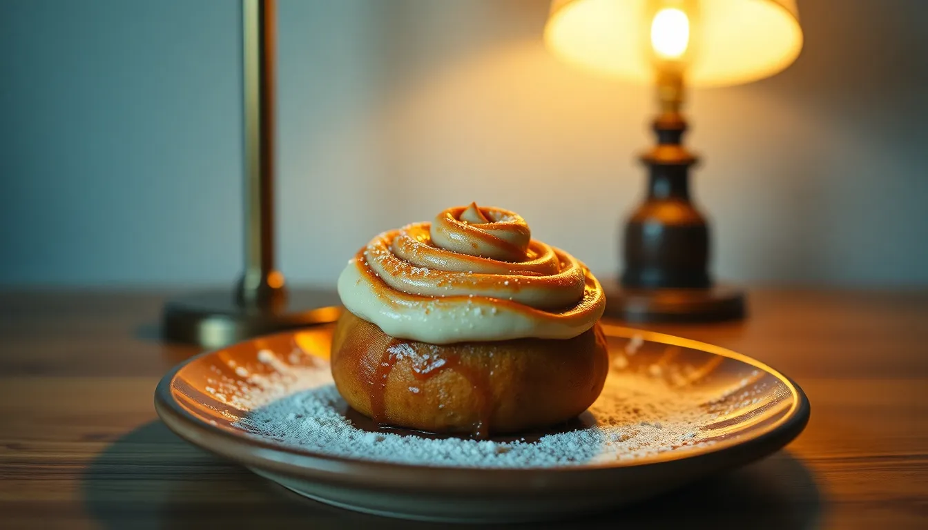 Indulge in the warm, comforting allure of a freshly baked cinnamon roll, lavishly draped in rich icing. The warm tungsten light casts a gentle glow, accentuating the roll's gooey frosting and intricate details. The plate’s ceramic texture adds depth, inviting viewers to savor the moment. Centered perfectly, this image captures the essence of cozy home baking.