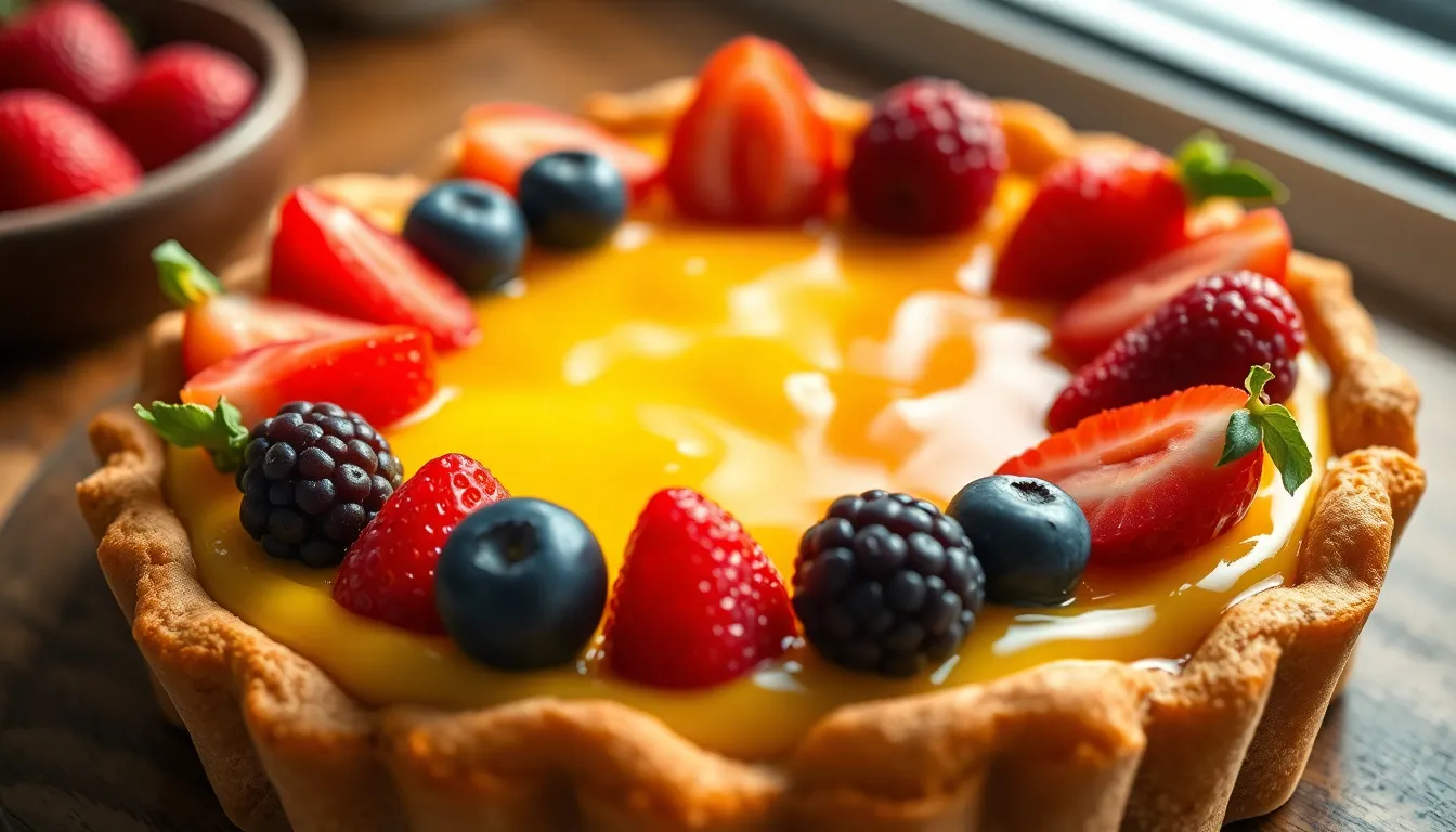 This vibrant close-up showcases a delectable fruit tart filled with smooth custard and topped with an array of fresh raspberries, blueberries, and a glossy apricot glaze. The natural light beautifully highlights the tart's textures, from the flaky crust to the luscious fruit, creating an enticing visual feast. Shot with rich, saturated colors, this image captures the essence of summer desserts and would make an excellent addition to any culinary collection.
