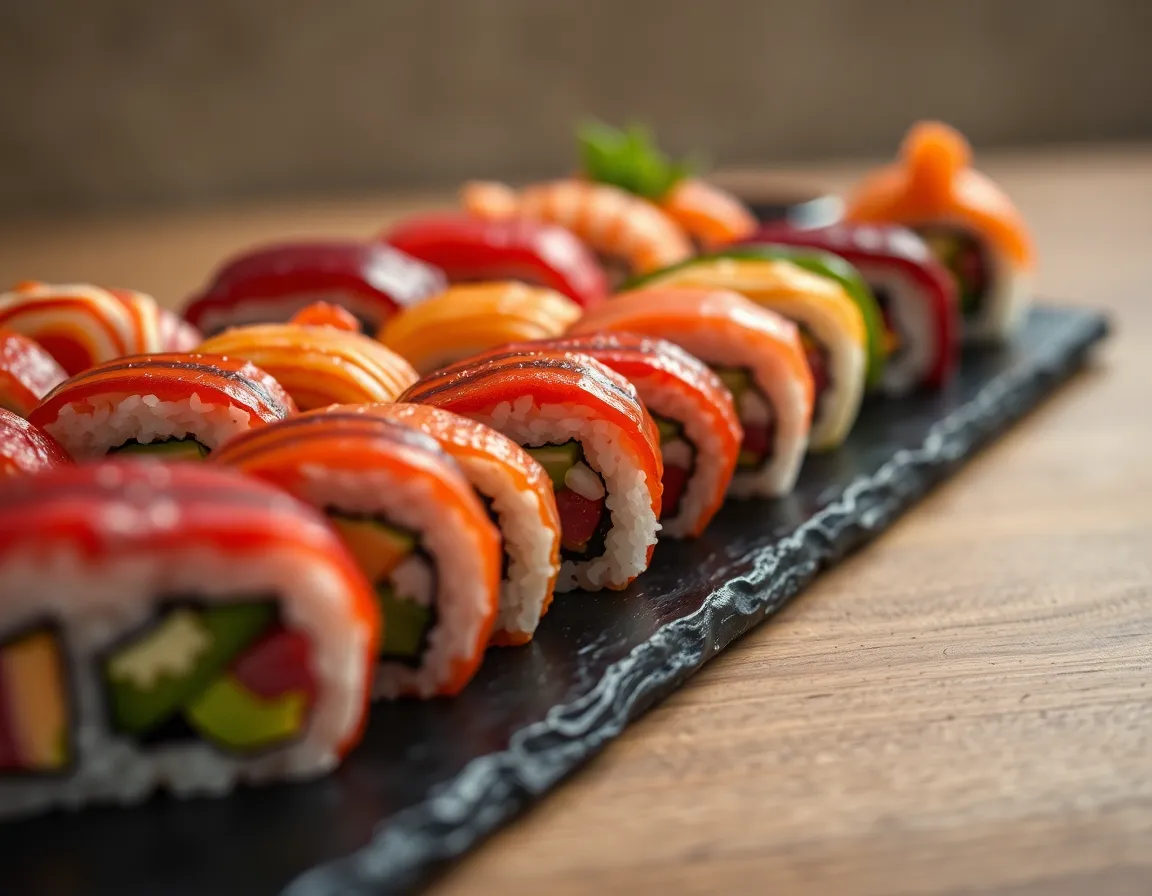 Vibrant Sushi Rolls on Slate Platter