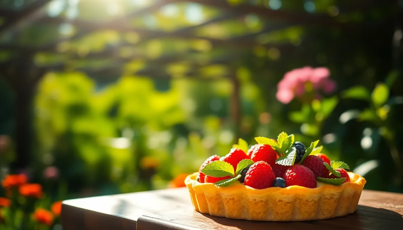 Colorful Fruit Tart in Lush Garden