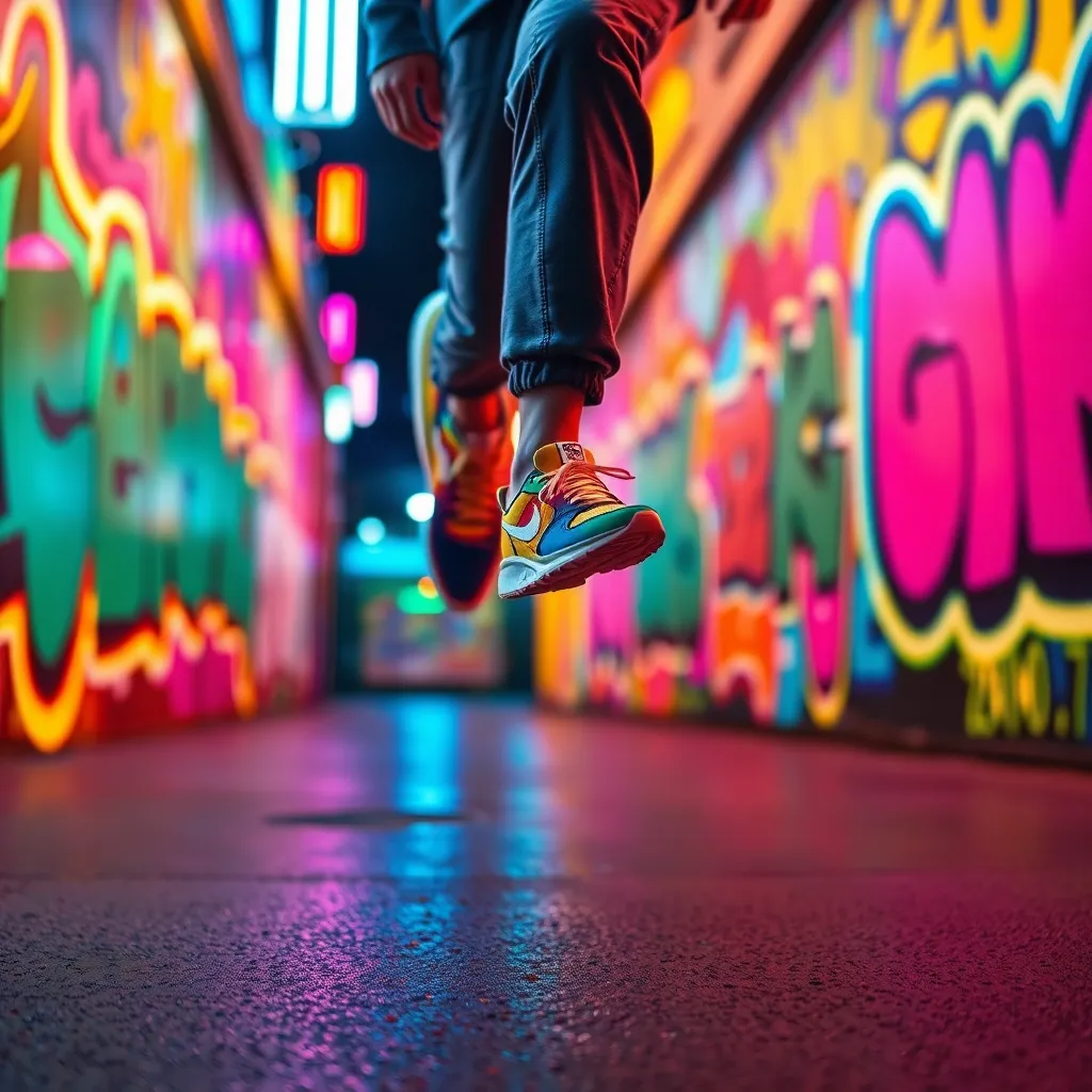 Model Jumping in Colorful Sneakers