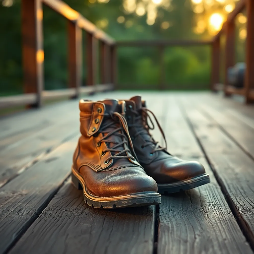 Worn Leather Hiking Boots on Wooden Deck