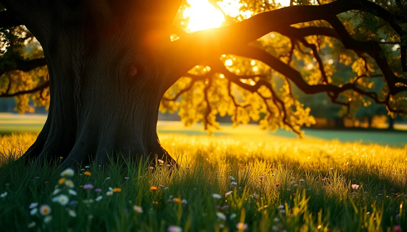 Majestic Oak Tree in a Warm Meadow This stunning image features a majestic oak tree surrounded by a blooming meadow during golden hour. The warm backlighting enhances the vibrant greens and earthy colors, creating a serene and inviting atmosphere. The shallow depth of field draws attention to the tree while softening the wildflowers and grass in the foreground. Textures of the bark contrast beautifully with the delicate petals, making it an ideal representation of nature's beauty.