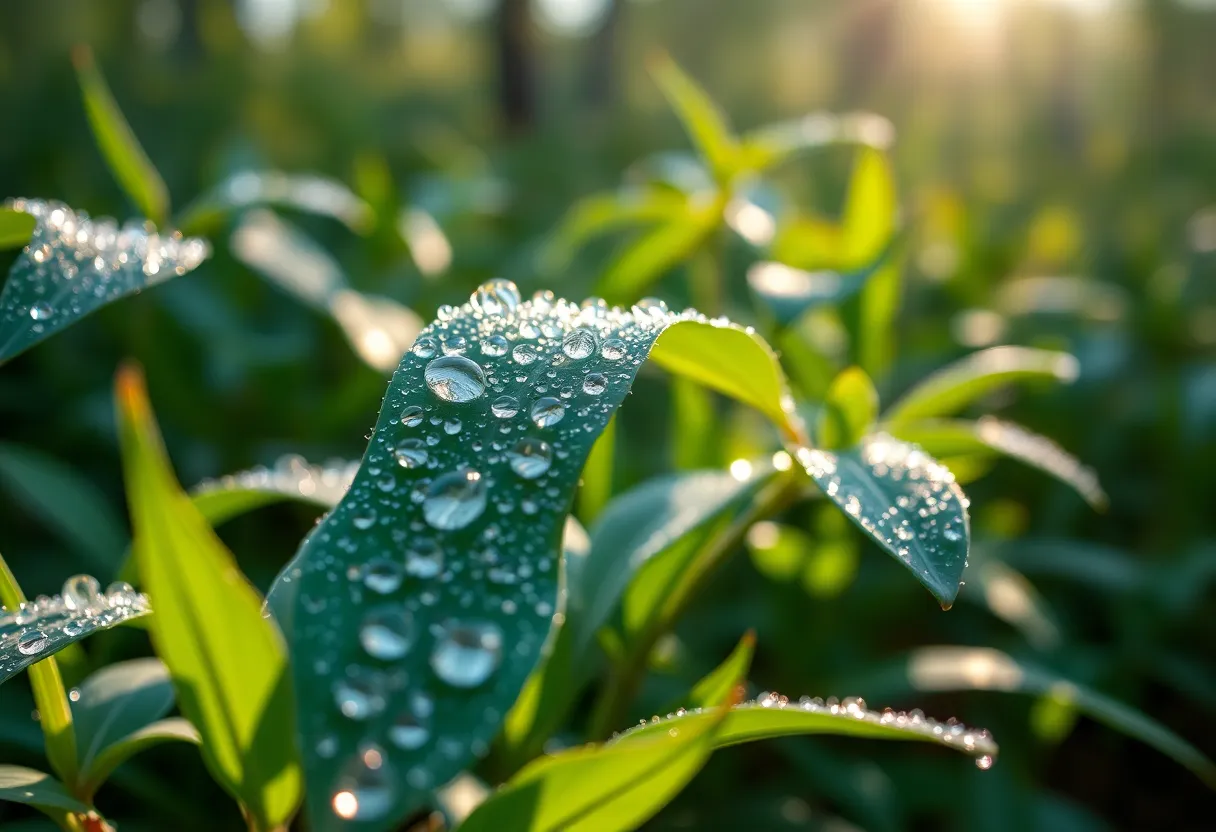 Tranquil Dawn in the Forest This stunning photograph captures a peaceful forest scene at dawn, where soft fog weaves between ancient trees illuminated by gentle golden hour light. The image emphasizes the textures of moss-covered bark and delicate ferns, inviting the viewer into a serene, magical atmosphere. The vibrant greens and warm golden hues create a perfect harmony, drawing attention to the ancient oak tree framed beautifully at the left. This composition perfectly encapsulates the tranquil essence of nature's beauty.