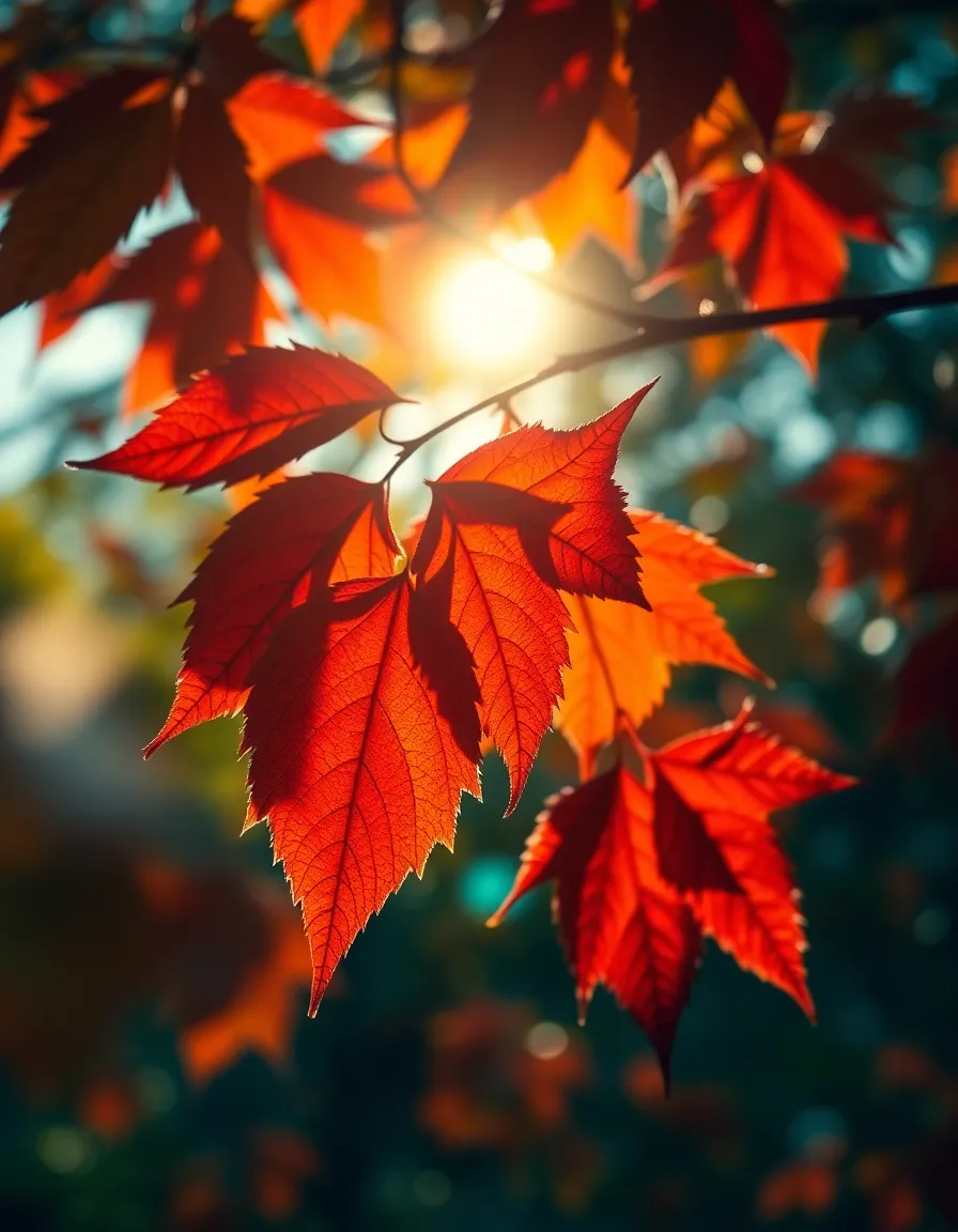 Vibrant Autumn Leaves in Forest This stunning macro shot captures the vibrancy of autumn leaves glowing in the dappled sunlight of a serene forest. The rich reds and oranges of the foliage are beautifully highlighted against a cool, softly blurred background. The image's cinematic teal and orange color grading enhances the seasonal contrast, while the delicate details of the leaf veins invite viewers to appreciate the beauty of nature's transitions.