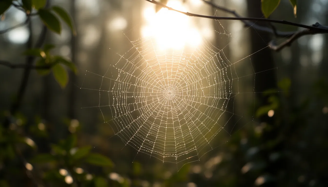 Morning Dew on Spiderweb in Forest