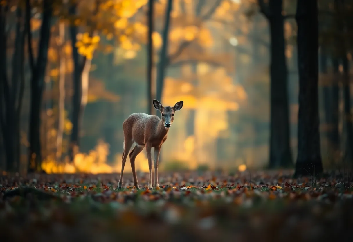 Solitary Deer in a Forest Clearing In this captivating image, a solitary deer grazes peacefully in a forest clearing, illuminated by warm tungsten light. The shallow depth of field provides a soft focus on the deer, allowing its natural texture to shine against the blurred backdrop of autumn foliage. The cinematic teal and orange grading adds warmth and depth to the scene, while the composition draws attention to the majestic beauty of the animal. A perfect representation of wildlife in its natural habitat.
